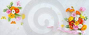 Holiday concept with bouquet of spring flowers on pastel vintage background. Easter composition