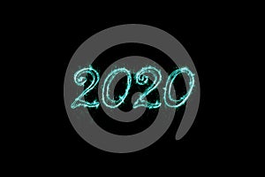 Holiday concept. Number 2020 written sparkling blue sparklers isolated on black background. Overlay templatefor for christmas, new
