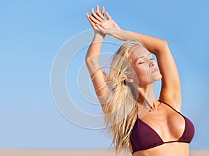 Holiday, confidence and woman in bikini on beach to relax in summer, sunshine and travel to island with fashion. Mockup
