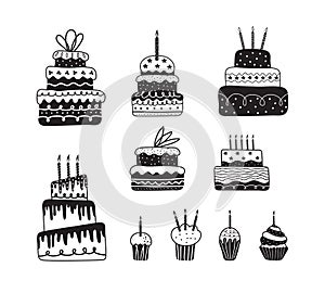 Holiday cream cake with candles vector set, muffins, cupcakes in art line drawing. Set of holiday sweets in black one