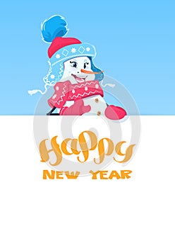 Holiday Decorartion Snowman Girl Holding Banner With Happy New Year Lettering