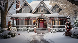 holiday decorated front entrance to home. door with Christmas decoration