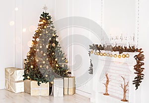 Holiday decorated room with Christmas tree and decoration, backgroound with blurred, sparking, glowing light