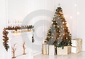 Holiday decorated room with Christmas tree and decoration, background with blurred, sparking, glowing light.