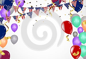 Holiday decorations, New Birthday celebration with ribbon balloon background vector Illustration with confetti for parties or