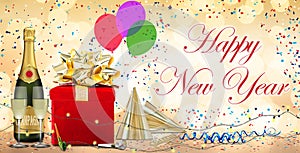 Holiday decorum and party celebration concept with Happy New Year message surrounded by falling confetti