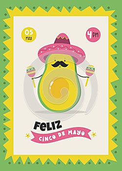 Holiday design for Cinco de Mayo with funny avocado dancing with maracas