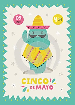 Holiday design for Cinco de Mayo with funny cactus in sombrero. Party invitation template