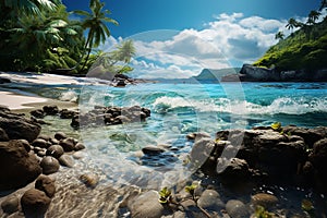 Holiday Destination of Beautiful Tropical Beach with Waves from the Sea Water and Rocks in Summertime