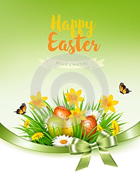 Holiday easter background with a colorful eggs and spring flowers