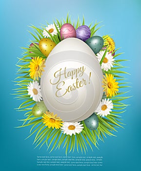 Holiday easter background with easter eggs, spring flowers and  grass