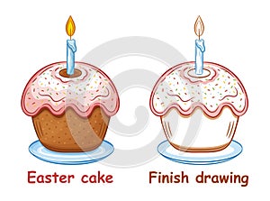 Holiday Easter cake with candle children coloring book page, finish drawing. Festive cupcake. Christian bread pie. Kid game vector