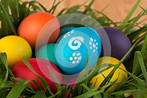 holiday Easter eggs in basket with grass