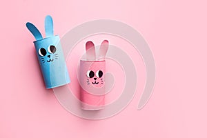 Holiday easy DIY craft idea for kids. Toilet paper roll tube toy\'s cute rabbit\'s background