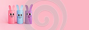 Holiday easy DIY craft idea for kids. Toilet paper roll tube toy\'s cute rabbit\'s on pink background banner
