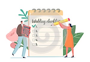 Holiday Event Organization. Couple Planning Wedding, Tiny Male and Female Characters at Huge Planner Filling Checklist