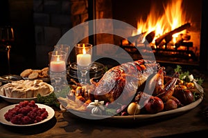 A holiday feast spread out on a table, complete with traditional dishes like roasted turkey and st