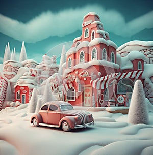 holiday festive candy retro snow winter christmas gift car merry. Generative AI.