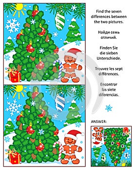 Holiday find the differences picture puzzle with christmas tree