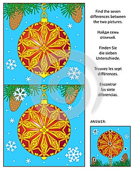 Holiday find the differences picture puzzle with decorated ornament