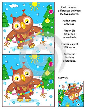 Holiday find the differences picture puzzle with owl and garland