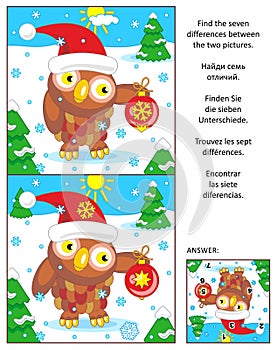 Holiday find the differences puzzle with owl and santa cap