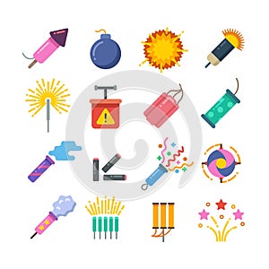 Holiday fire crackers, sparklers, fireworks and pyrotechnics flat vector icons