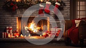 holiday fireplace with Christmas tree x\'mas presents gift, ai