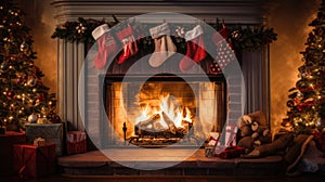 holiday fireplace with Christmas tree x\'mas presents gift, ai