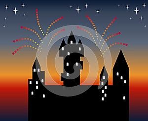 Holiday firework in evening sky. Silhouette of beautiful ÃÂastle. Vector illustration photo