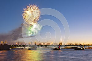 Holiday fireworks over Troitsky bridge in St. Petersburg, Russia