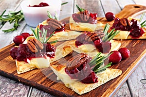 Holiday flatbread appetizers with cranberries and brie, close up on a wood platter