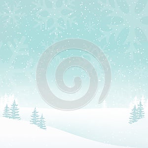 Holiday foggy winter landscape background with falling snow. White landscape background with trees, snowflakes.