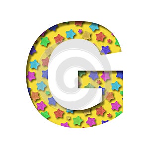 Holiday font. The letter G is made from a festive pattern with colored stars. Collection of fonts for signatures for holidays and