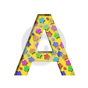 Holiday font. The letter A is made from a festive pattern with colored stars. Collection of fonts for signatures for holidays and