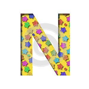 Holiday font. The letter N is made from a festive pattern with colored stars. Collection of fonts for signatures for holidays and