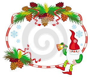 Holiday frame with decorations and Christmas elf.