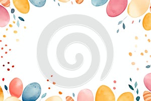 Holiday frame made of colorful easter eggs on white background. Watercolor minimalistic style