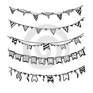 Holiday garlands with light bulbs party lights and flags hand drawn, sketch vector set