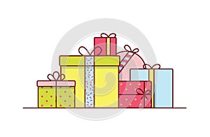 Holiday gift boxes wrapped in bright colored paper and decorated with ribbons and bows. Pile of packed festive presents