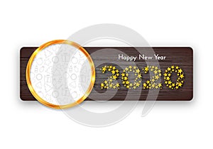 Holiday gift card. Happy New Year 2020. Golden circle frame with Christmas icons on dark wood background. Template for a banner,