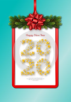 Holiday gift card. Happy New Year 2020. Numbers of golden stars, fir tree branches garland and red frame with tied bow. Template