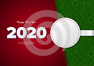 Holiday gift card. Happy New Year 2020. Snow numbers, Christmas icons, white paper sticker with a copy space on red background.