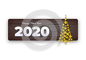 Holiday gift card. Happy New Year 2020. Snow numbers and Christmas tree from golden stars on wood background. Celebration decor.
