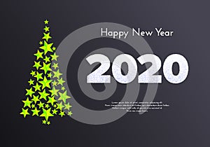 Holiday gift card. Happy New Year 2020. Snow numbers and Christmas tree from green stars on dark background. Celebration decor.