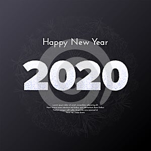 Holiday gift card. Happy New Year 2020. Snow numbers in circle fir tree branches background. Vector