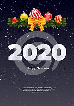 Holiday gift card. Happy New Year 2020. Snow numbers, fir tree branches, Christmas balls and golden tied bow on dark background.