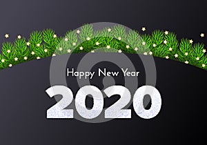 Holiday gift card. Happy New Year 2020. Snow numbers and fir tree branches on dark background. Celebration decor. Vector