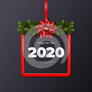 Holiday gift card. Happy New Year 2020. Snow numbers, fir tree branches garland and red frame with tied bow. Celebration decor.