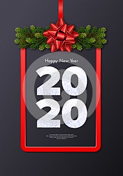 Holiday gift card. Happy New Year 2020. Snow numbers, fir tree branches garland and red frame with tied bow. Celebration decor.